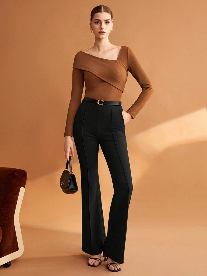 Women Solid Elastic Foldable Slim Asymmetric Collar Long Sleeve Casual Top