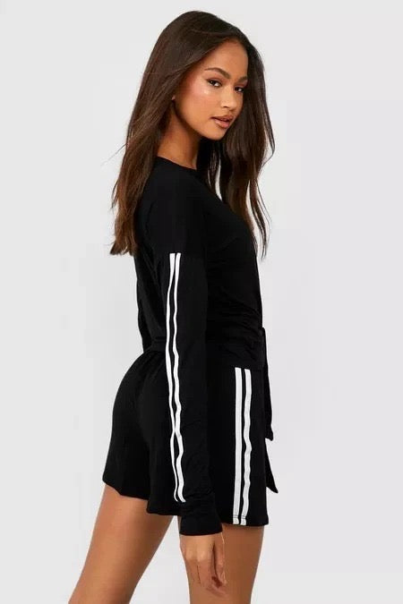DOUBLE SIDE STRIPE JERSEY LOUNGE SHORT SET-GREY