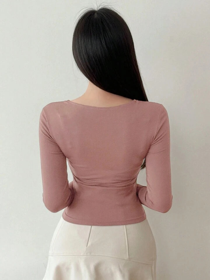 Women's Solid Color Simple Daily Crossed Strap Long Sleeve T-Shirt