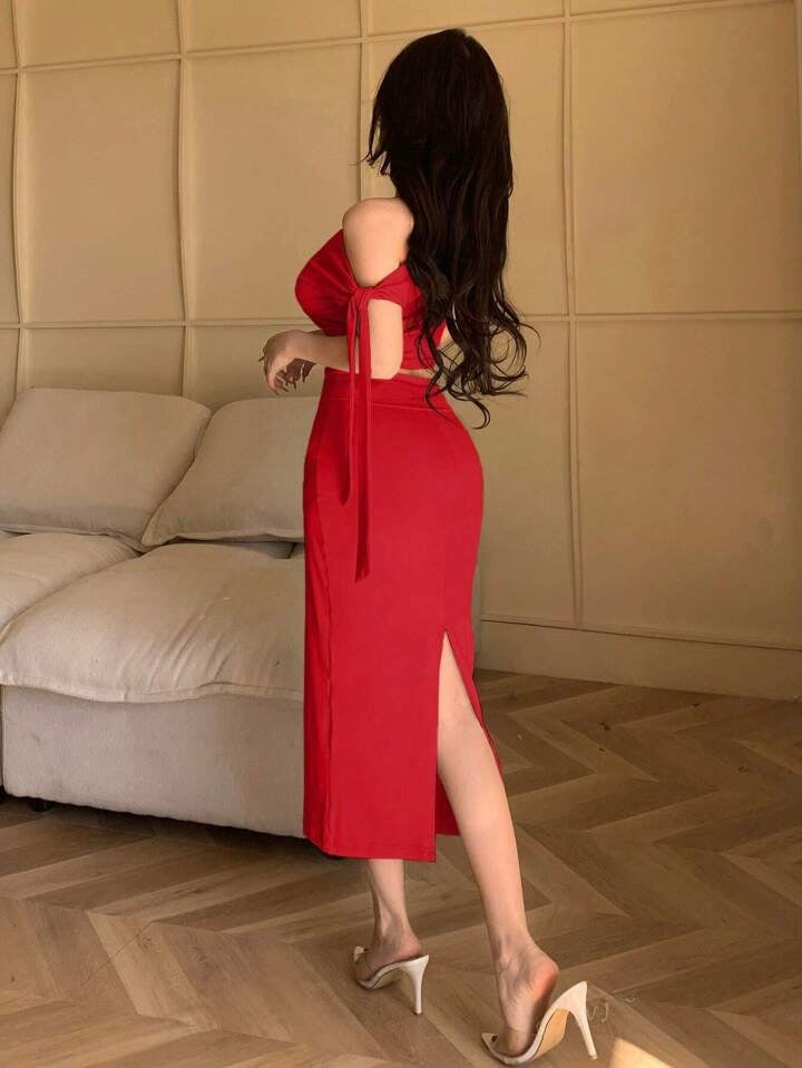 Asymmetric Neck Oblique Shoulder Tied Strap Simple Top & Slim Fit Skirt Two Pieces Set