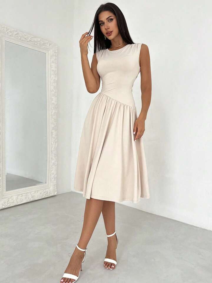 Elegant Asymmetrical Patchwork Ruched Back Tie Waist Dress