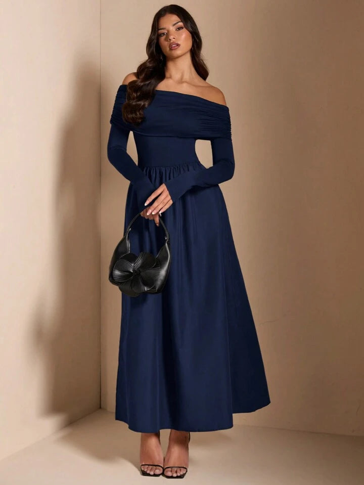 Solid Color Elegant Minimalist Sexy Shoulder Ruched Fitted Midi Dress