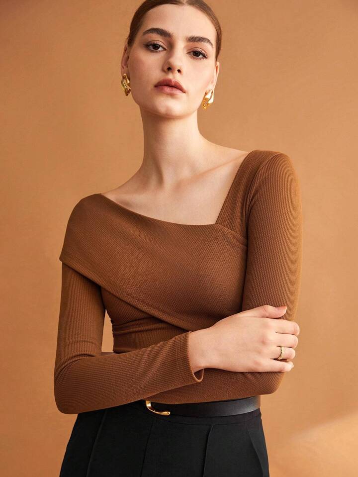 Women Solid Elastic Foldable Slim Asymmetric Collar Long Sleeve Casual Top