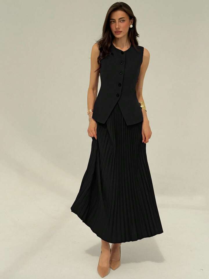 Women's Solid Color Single-Breasted Sleeveless Jacket And Pleated Mini Skirt Elegant Suit Set