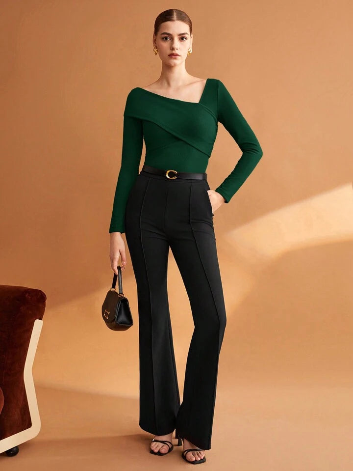 Women Solid Elastic Foldable Slim Asymmetric Collar Long Sleeve Casual Top