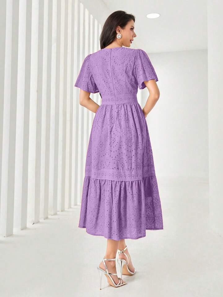 Women's Elegant Long Floral Embroidery Round Neck Ruffle Short Sleeve Dress