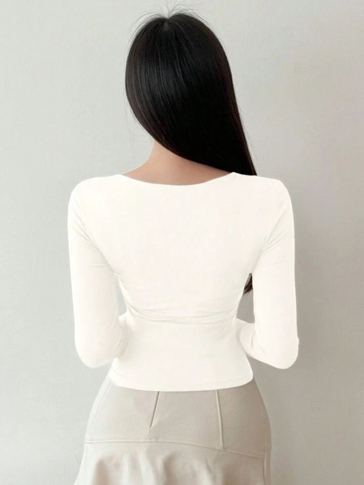 Women's Solid Color Simple Daily Crossed Strap Long Sleeve T-Shirt