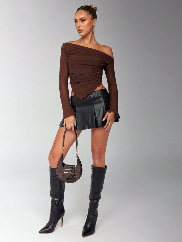 Women's Solid Brown Asymmetrical Ruched Asymmetrical Neck Hem jersey Long Sleeve Top