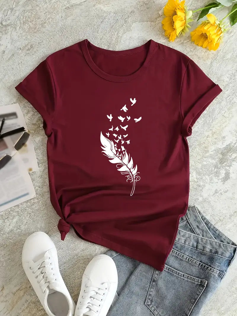 FEATHER AND HEART PRINT TEE-BLACK