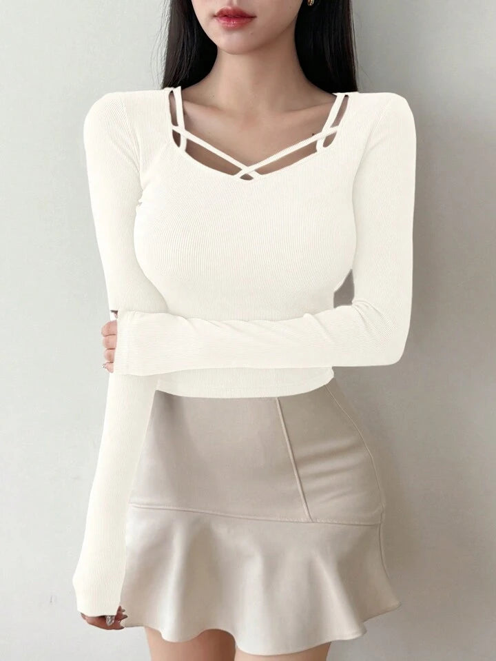 Women's Solid Color Simple Daily Crossed Strap Long Sleeve T-Shirt