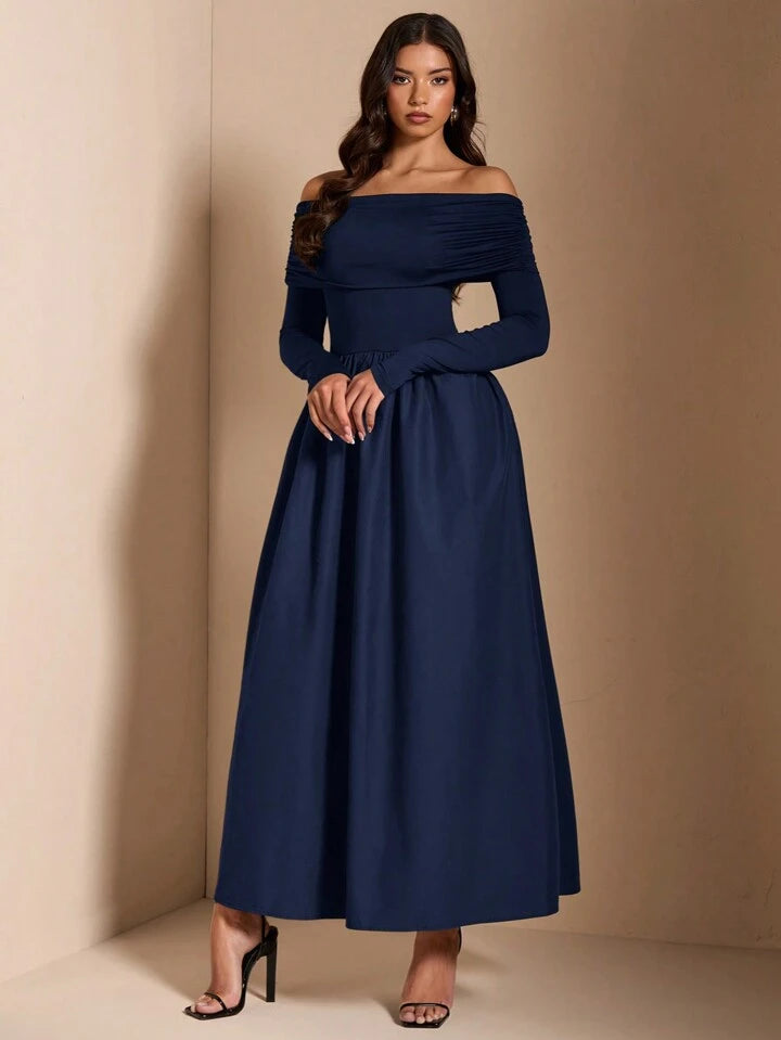 Solid Color Elegant Minimalist Sexy Shoulder Ruched Fitted Midi Dress