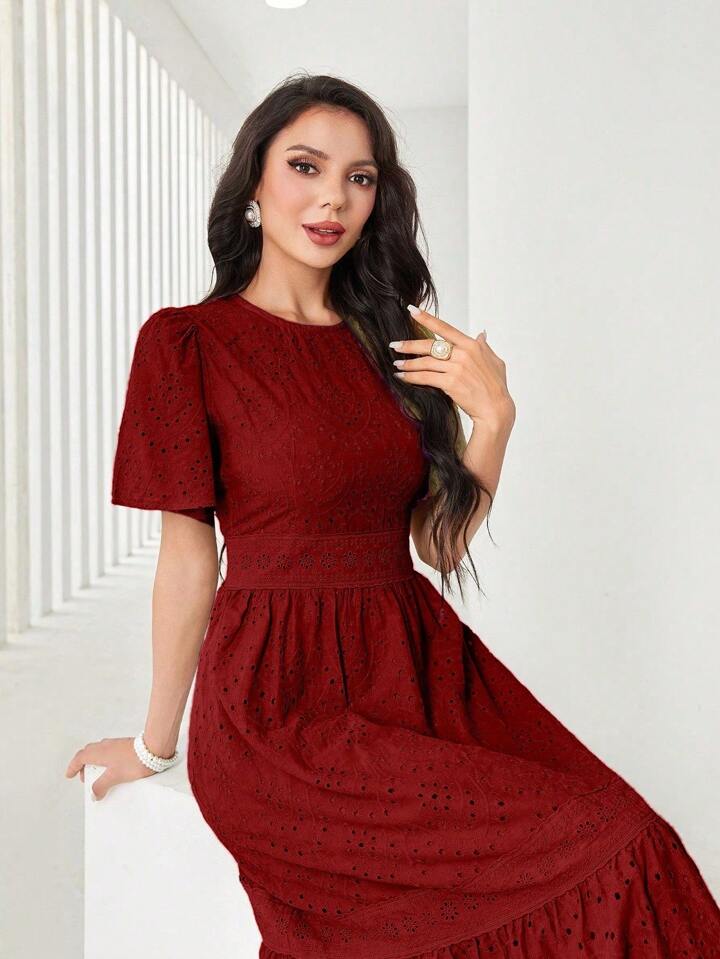 Women's Elegant Long Floral Embroidery Round Neck Ruffle Short Sleeve Dress