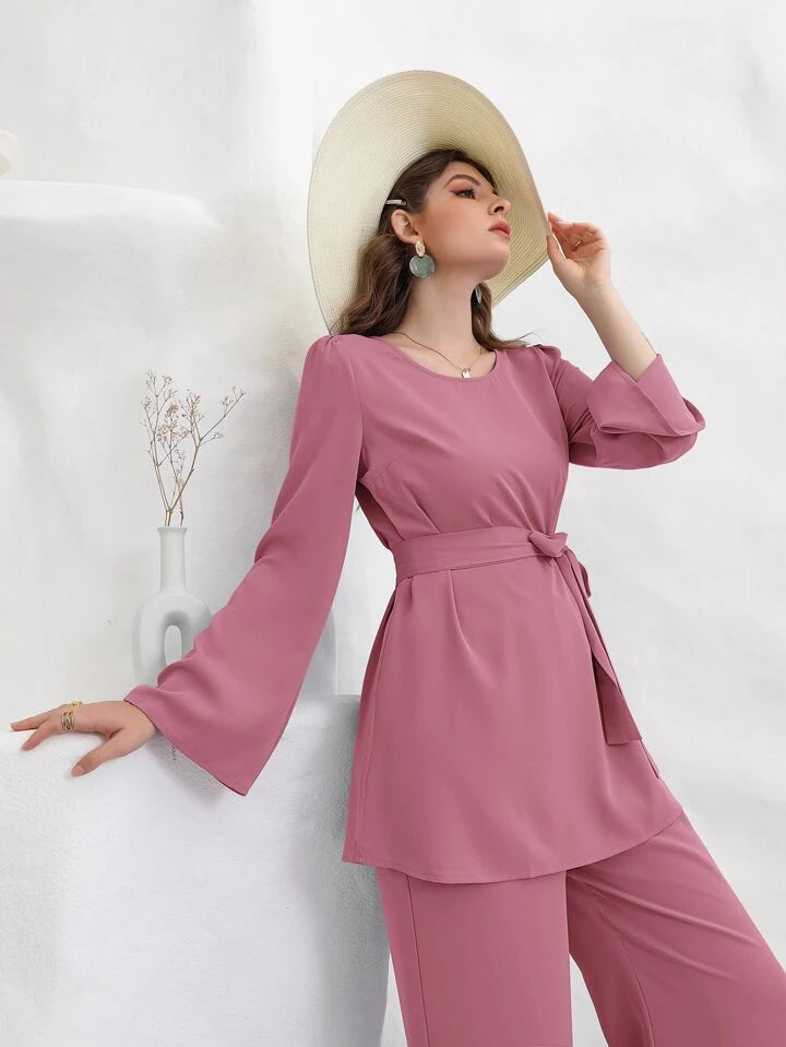 Bell Sleeve Belted Blouse With Wide Leg Pants