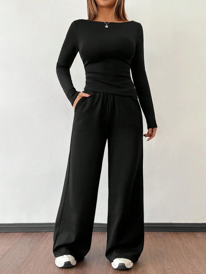 CASUAL 2PCS KNITTED SLIM TOP & WIDE LEG PANTS