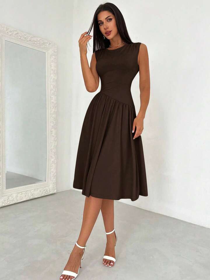Elegant Asymmetrical Patchwork Ruched Back Tie Waist Dress