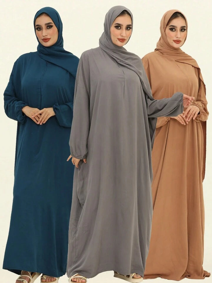 Plain Elegant Abaya And Moroccan Dress With Headscarf