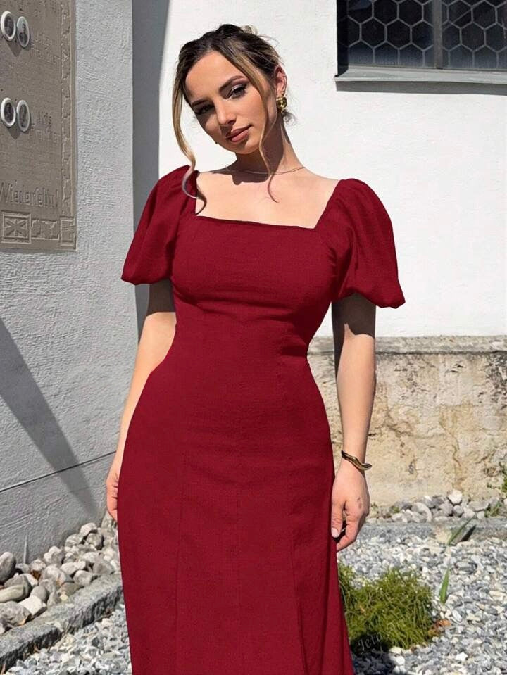 Solid Square Neck Bishop Sleeve Dress, Elegant