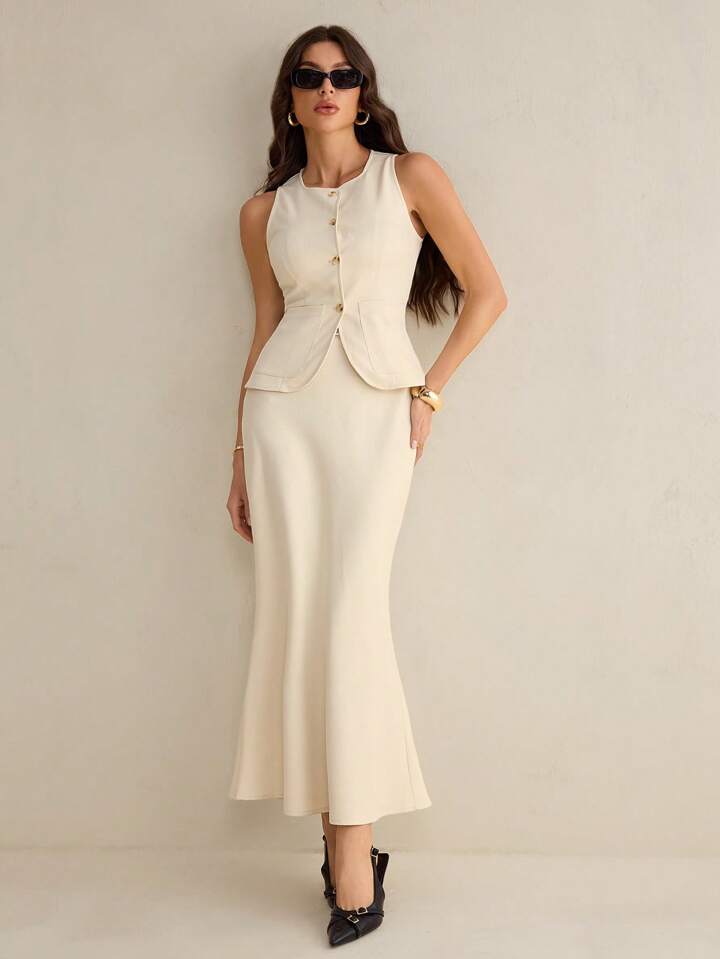 Women's Cardigan Button Sleeveless Vest Tank Top And Mermaid Hem Fitted Pencil Skirt Suit Set