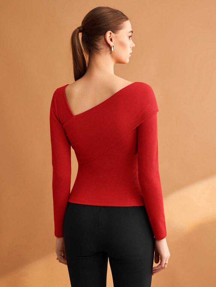 Women Solid Elastic Foldable Slim Asymmetric Collar Long Sleeve Casual Top