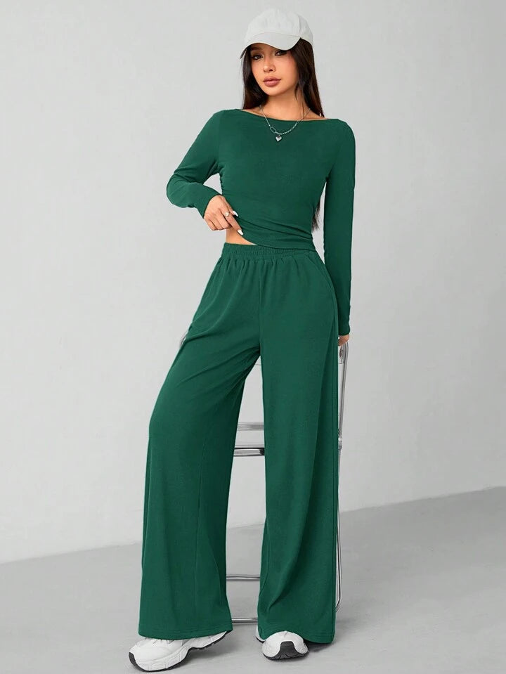 CASUAL 2PCS KNITTED SLIM TOP & WIDE LEG PANTS