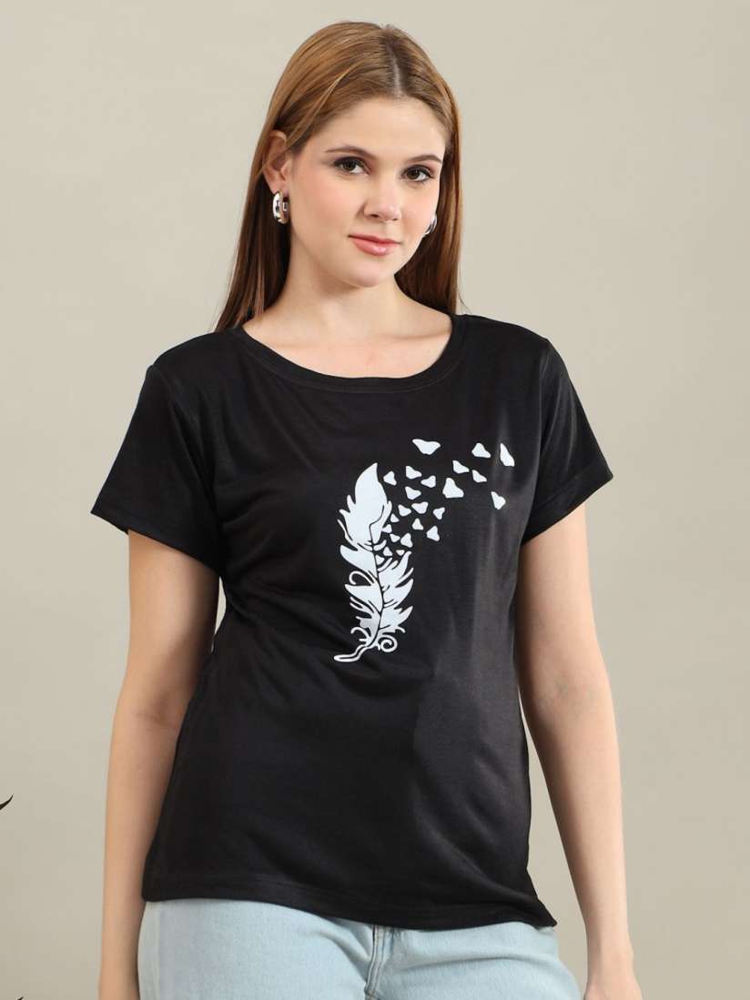 FEATHER AND HEART PRINT TEE-BLACK