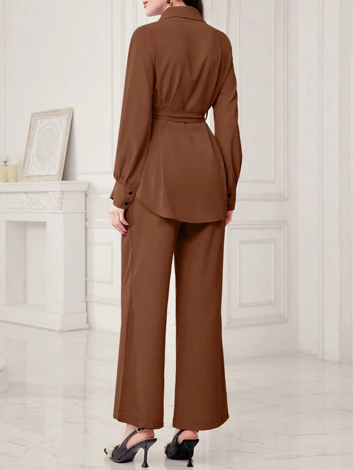 Women Solid Color Front Button Long Sleeve Casual Top And Pants Set