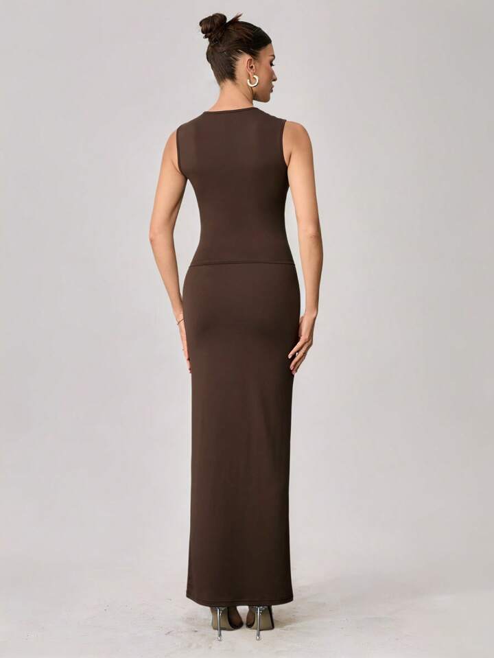 Women's Summer Casual Bottoming Sleeveless Long Skirt Slim Fit Suit and Elegant Top