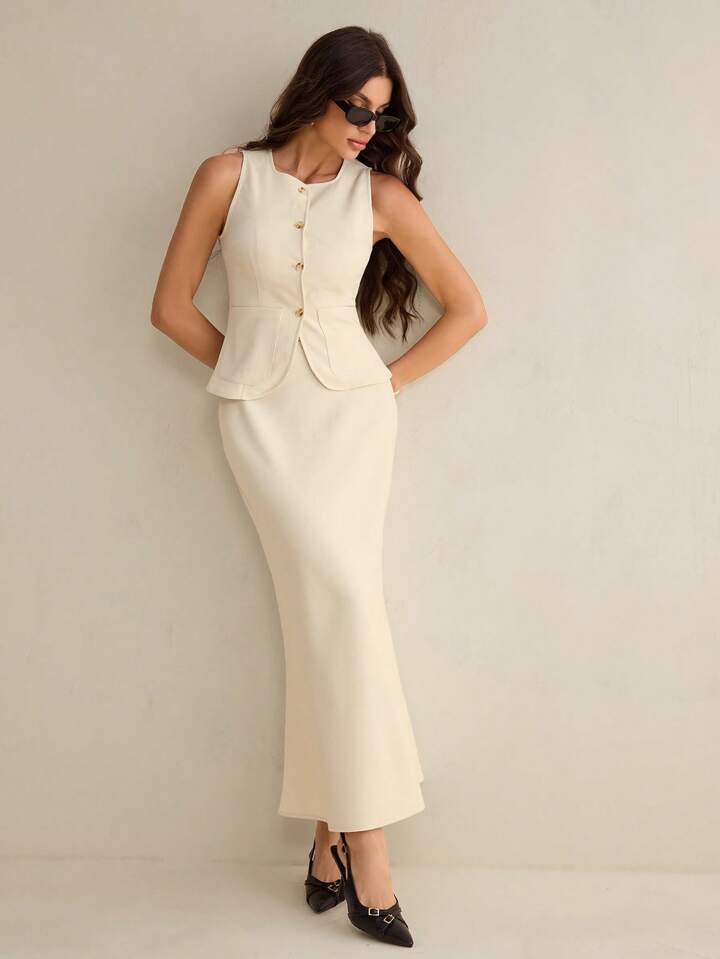 Women's Cardigan Button Sleeveless Vest Tank Top And Mermaid Hem Fitted Pencil Skirt Suit Set