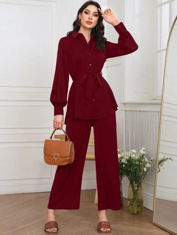 Women Solid Color Front Button Long Sleeve Casual Top And Pants Set