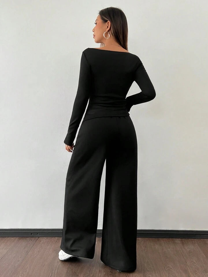 CASUAL 2PCS KNITTED SLIM TOP & WIDE LEG PANTS