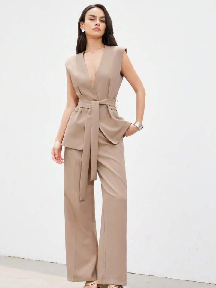 Minimalist office wear v-neck cinched waist west two piece set