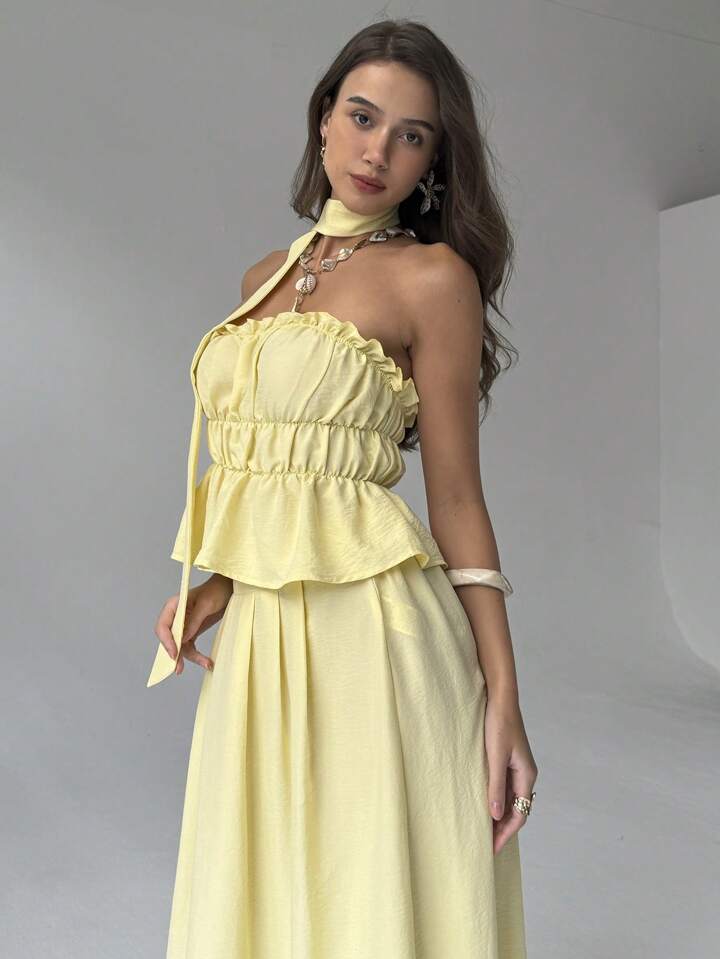 Women Summer Simple Solid Color Pleated Chest Ruffles Hem Tube Top And Long Skirt Set With Scarf