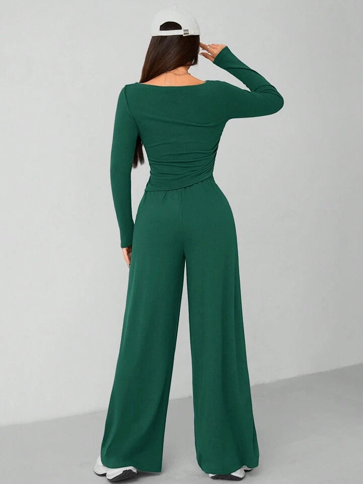 CASUAL 2PCS KNITTED SLIM TOP & WIDE LEG PANTS