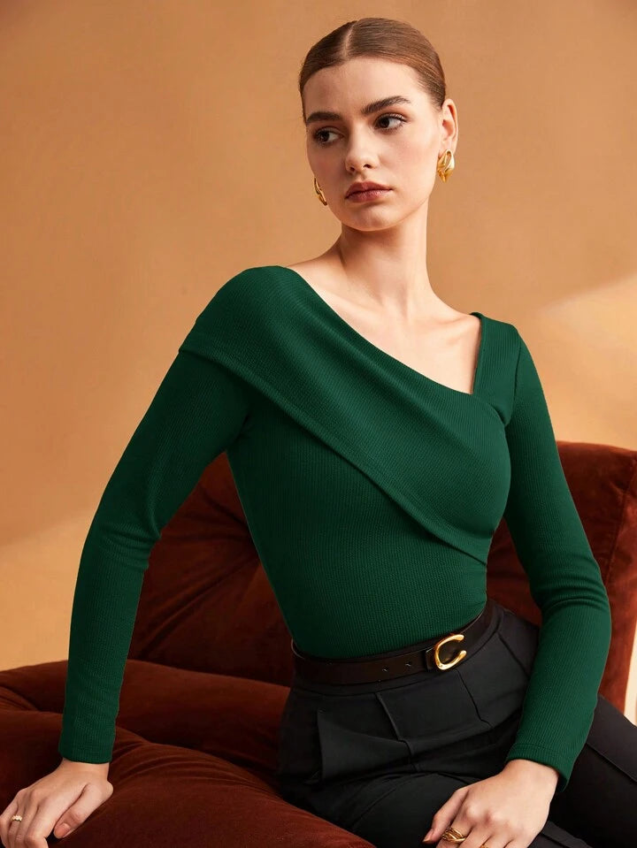 Women Solid Elastic Foldable Slim Asymmetric Collar Long Sleeve Casual Top