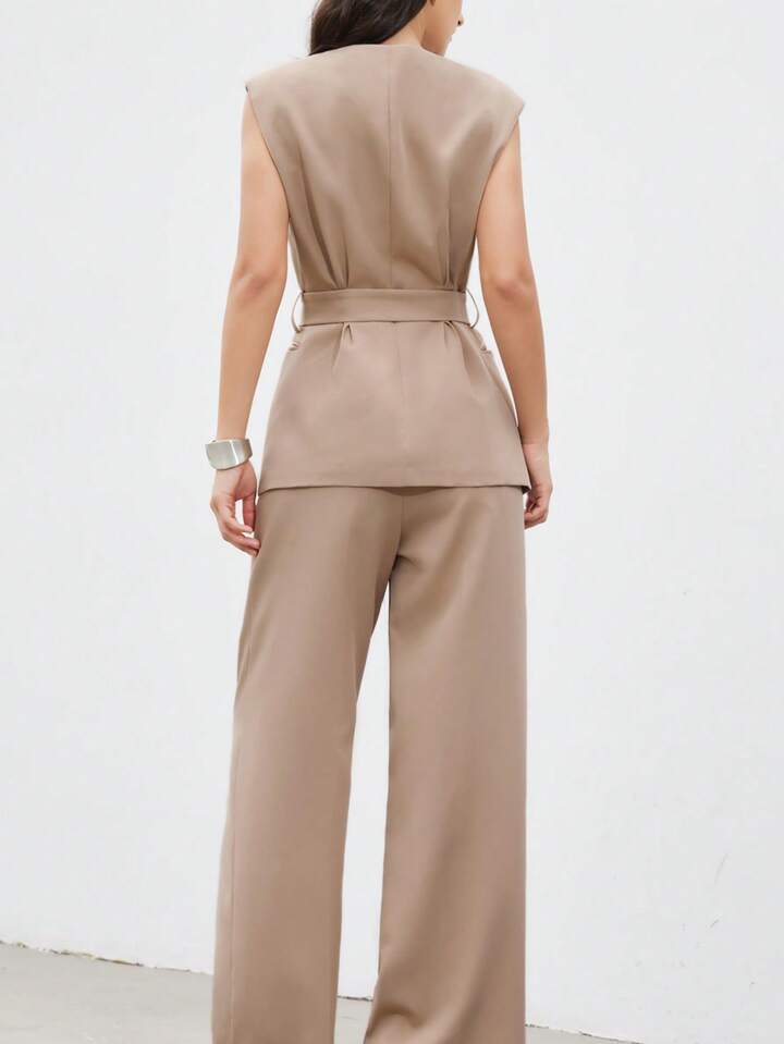 Minimalist office wear v-neck cinched waist west two piece set