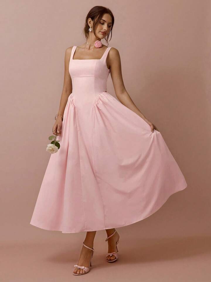 Women's Floral Print Big Bowknot Back Cinched Waist Sleeveless Frock