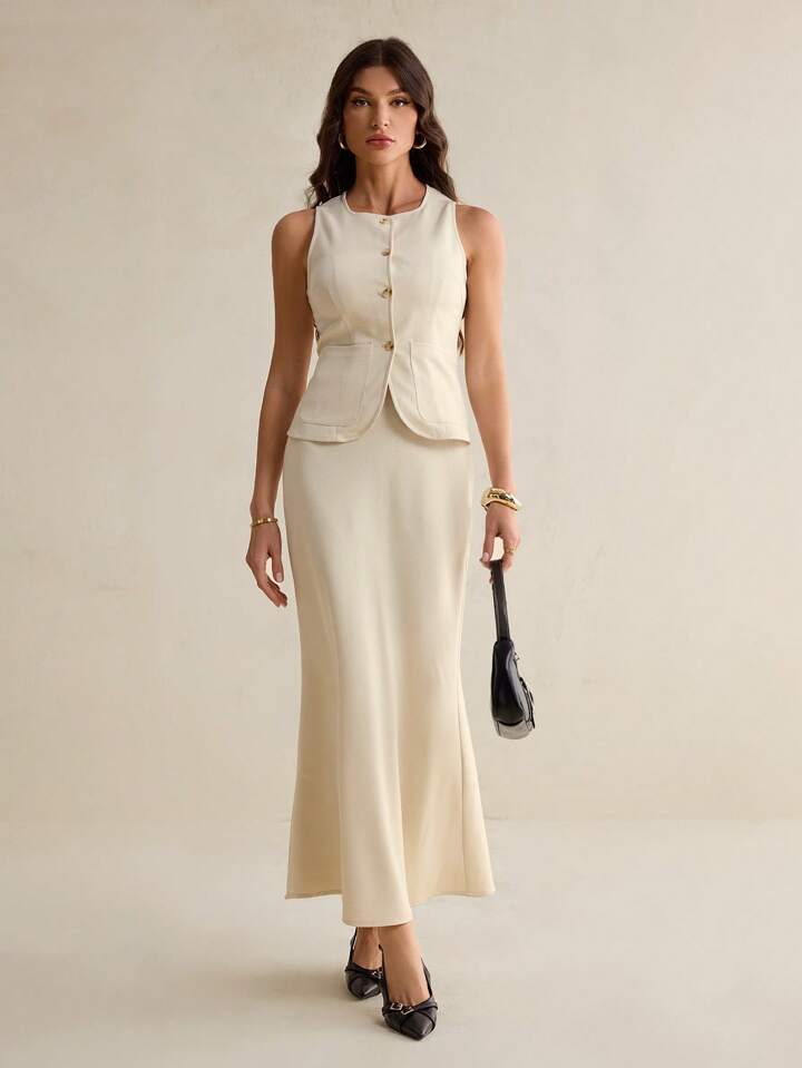 Women's Cardigan Button Sleeveless Vest Tank Top And Mermaid Hem Fitted Pencil Skirt Suit Set