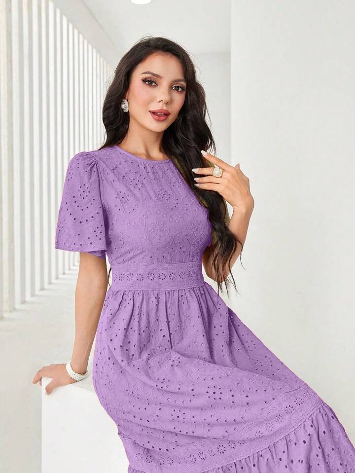 Women's Elegant Long Floral Embroidery Round Neck Ruffle Short Sleeve Dress