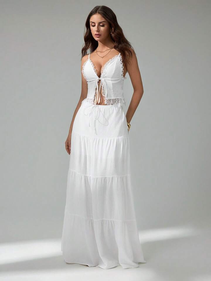 2pcs Women Contrast Lace Camisole & Mini Skirt Set