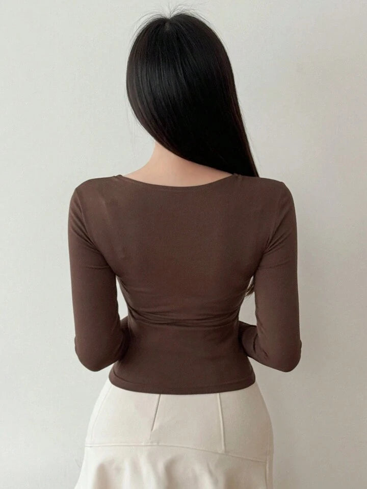 Women's Solid Color Simple Daily Crossed Strap Long Sleeve T-Shirt