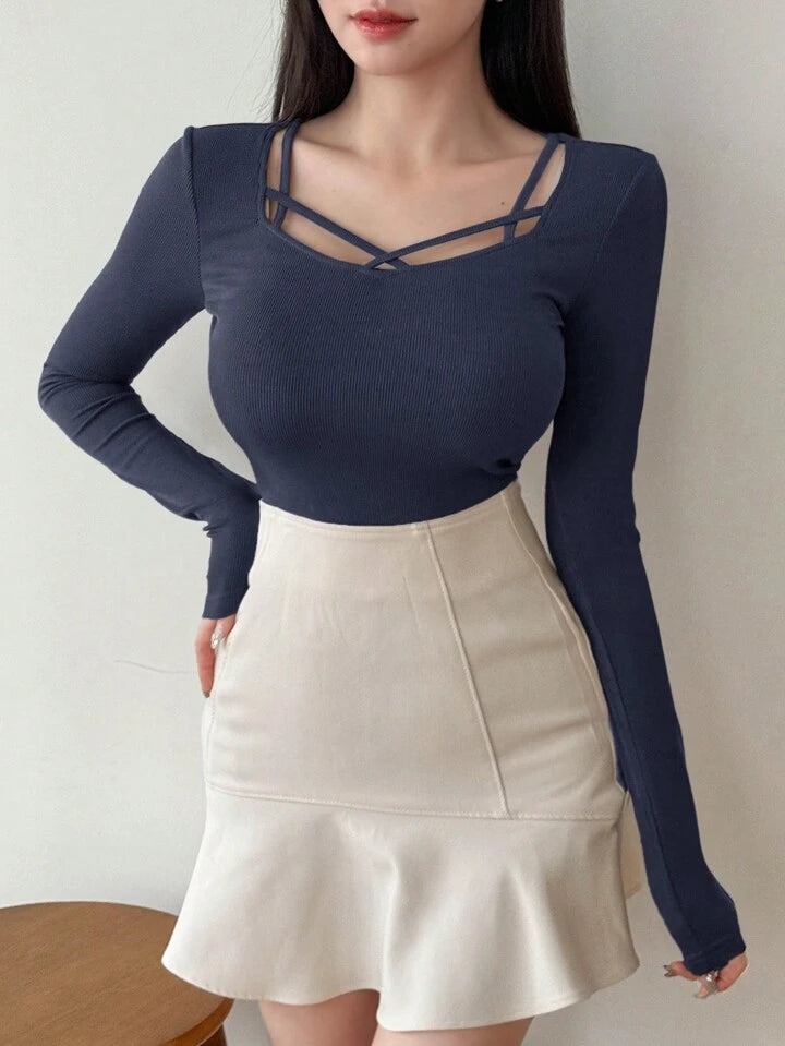 Women's Solid Color Simple Daily Crossed Strap Long Sleeve T-Shirt