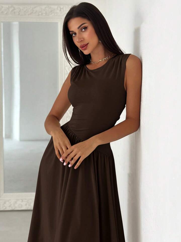 Elegant Asymmetrical Patchwork Ruched Back Tie Waist Dress