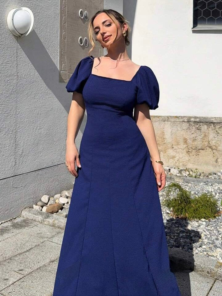 Solid Square Neck Bishop Sleeve Dress, Elegant
