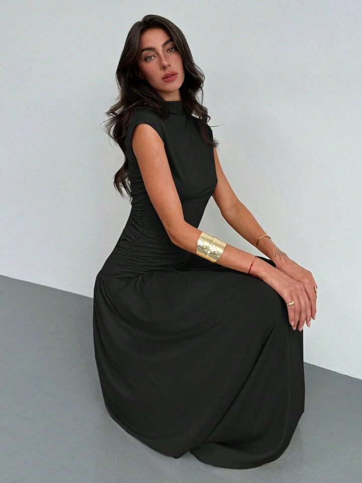 2PCS/SET STAND COLLAR RUCHED BLOUSE AND HIGH WAIST SKIRT SET