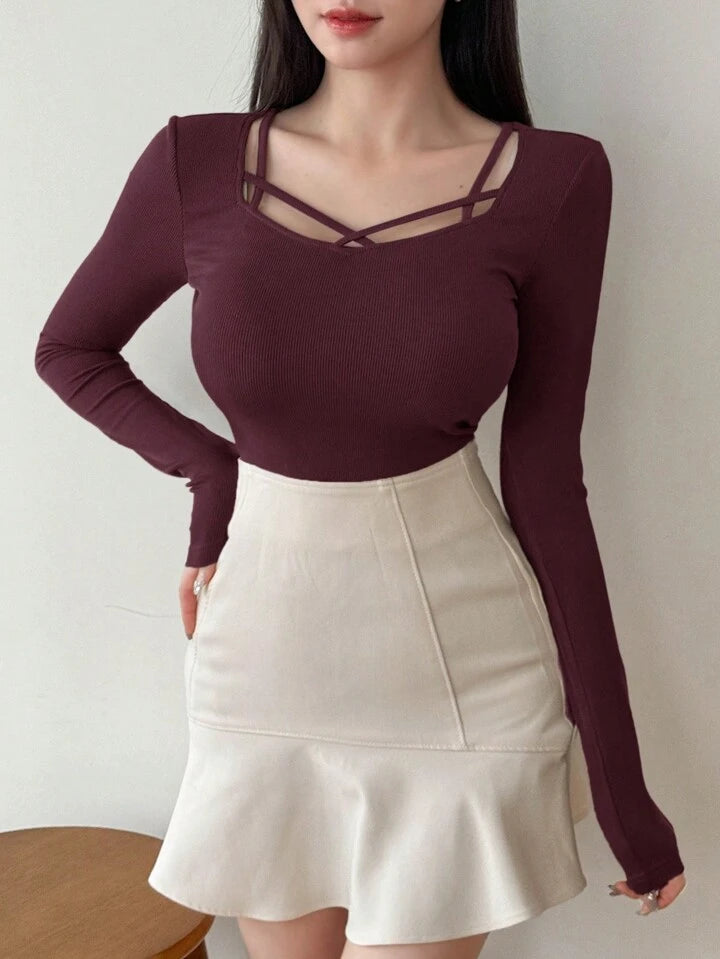 Women's Solid Color Simple Daily Crossed Strap Long Sleeve T-Shirt