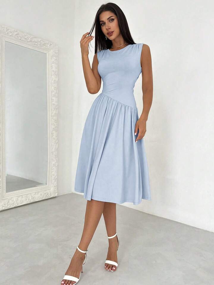 Elegant Asymmetrical Patchwork Ruched Back Tie Waist Dress