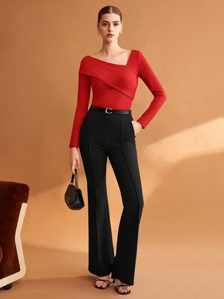 Women Solid Elastic Foldable Slim Asymmetric Collar Long Sleeve Casual Top