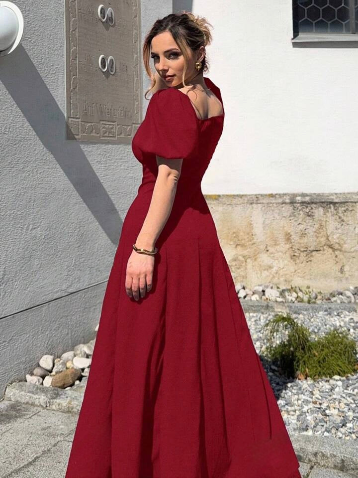 Solid Square Neck Bishop Sleeve Dress, Elegant