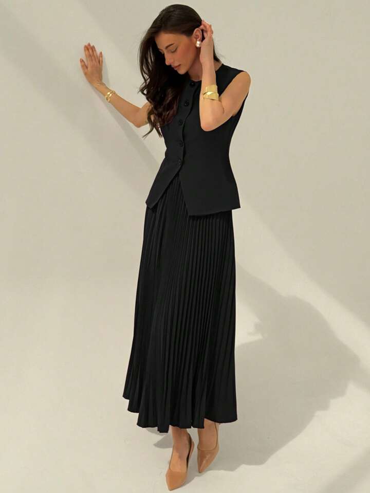Women's Solid Color Single-Breasted Sleeveless Jacket And Pleated Mini Skirt Elegant Suit Set