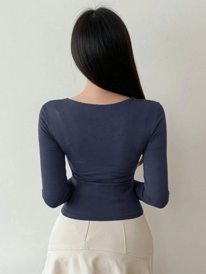 Women's Solid Color Simple Daily Crossed Strap Long Sleeve T-Shirt